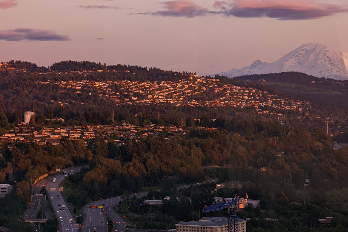 Bellevue downtown high-rises with the Cascade Mountains in the background
